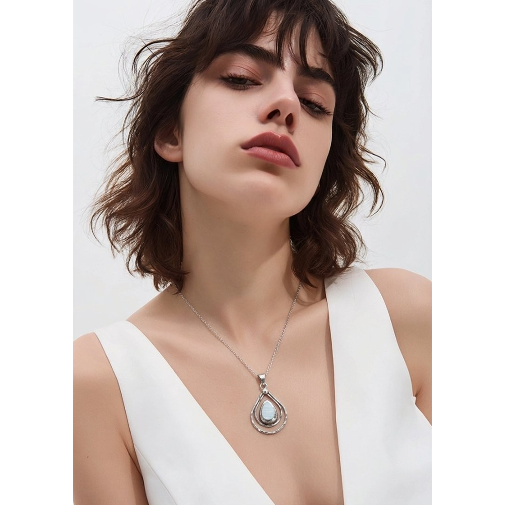 Mexico Sterling Silver with Lab Created Opal Teardrop Necklace 1.5" x 1" NOTE